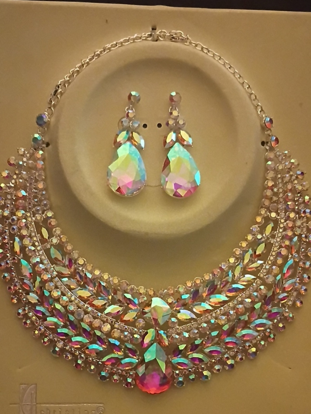 Iridescent Teardrop Crystal Statement Necklace and Earring Set - Multicolor